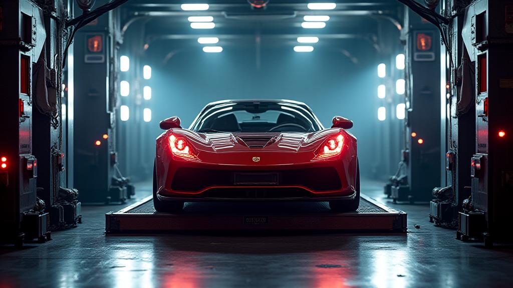 Vehículo deportivo asegurado en el banco de rodillos durante una prueba de potencia en Bosque Power