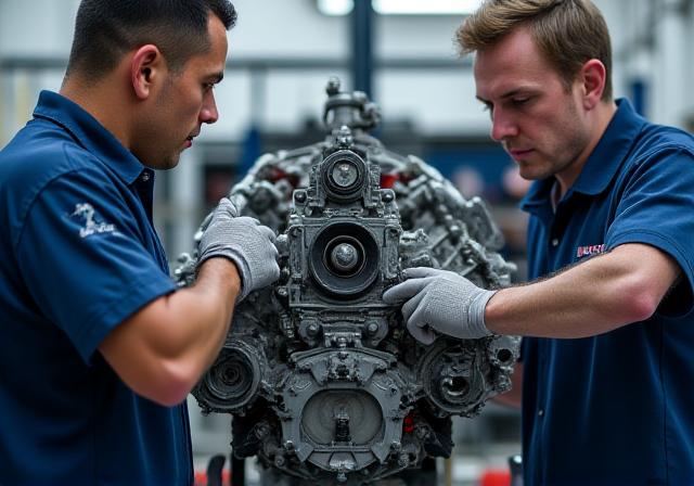 Equipo de mecánicos especializados de Bosque Power trabajando meticulosamente en un motor V8 de alto rendimiento