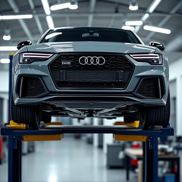Audi RS6 gris nardo elevado en un taller, mostrando su parte inferior y chasis