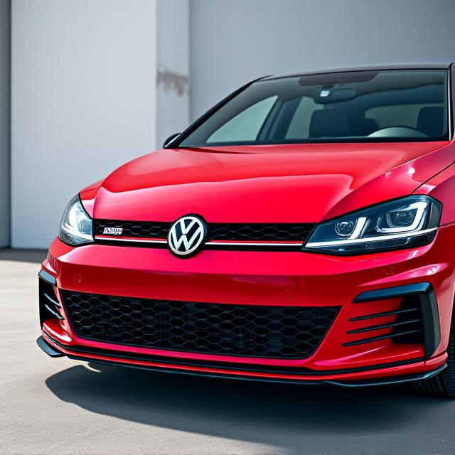 Volkswagen Golf GTI rojo de última generación, vista frontal angular que muestra su deportividad