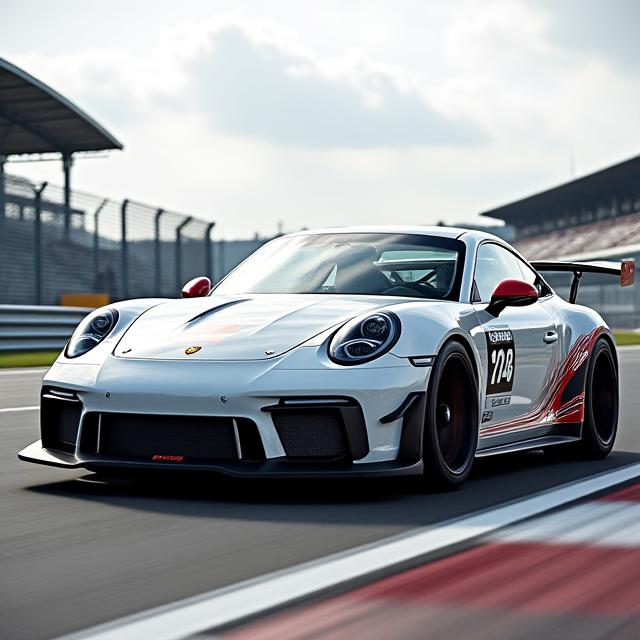 Porsche 911 de color claro preparado para track day, con elementos aerodinámicos y número de carrera