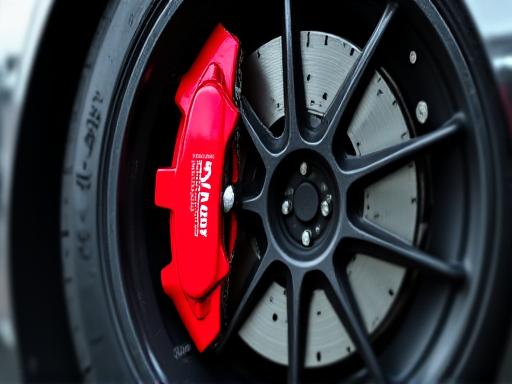 Rueda de un coche de alto rendimiento mostrando discos de freno perforados con pinzas de freno rojas