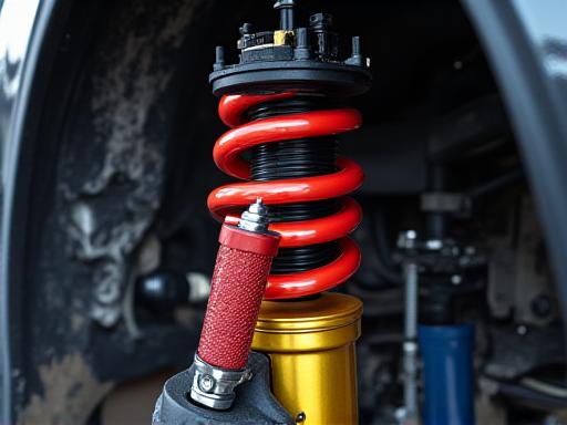 Primer plano de un amortiguador de suspensión regulable en altura siendo instalado en un coche